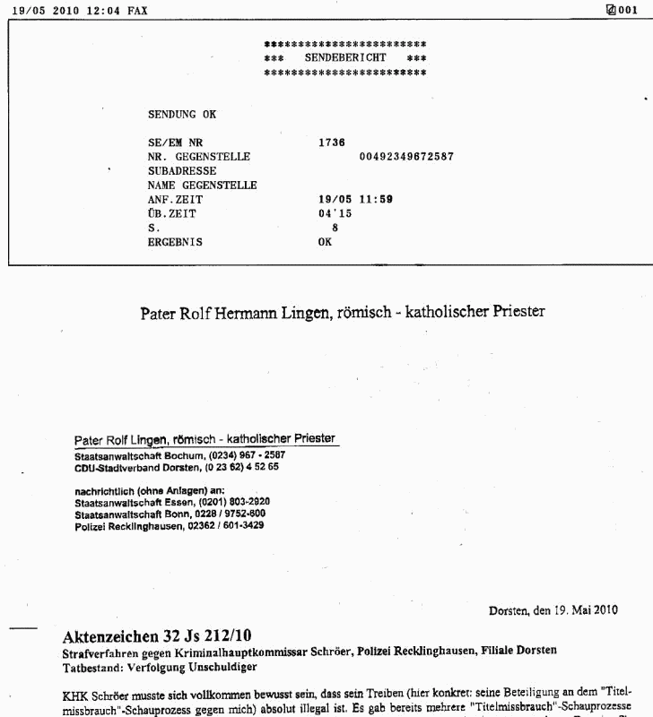 Sendebericht Fax an SA Bochum /w
        KHK Schröer, Polizei Dorsten