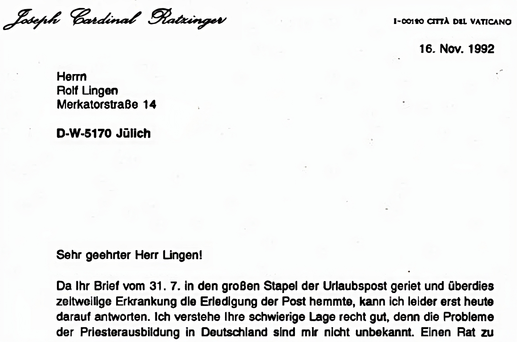 Josef Ratzinger Brief an Rolf Lingen
      1992