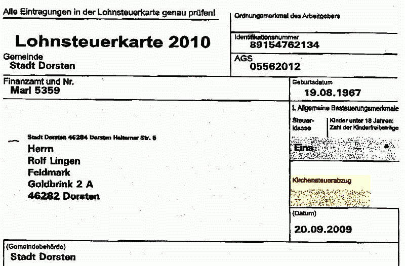 Lohnsteuerkarte 2010 -
        Kirchenaustritt